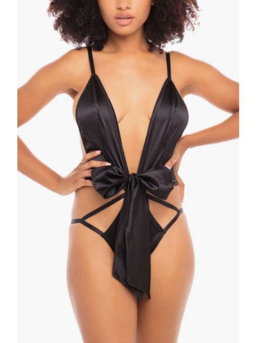 Oh La La Cheri Heart Charm Open Back Lace Teddy in Black Size L/XL